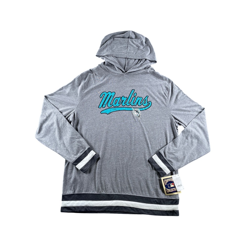 MLB Florida Marlins Cooperstown Collection Gray Hooded Shirt Mens XL NWT Hole